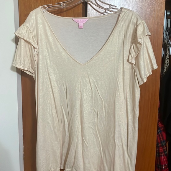 Lilly Pulitzer size 12 gold v neck ruffle sleeve top - Picture 1 of 3